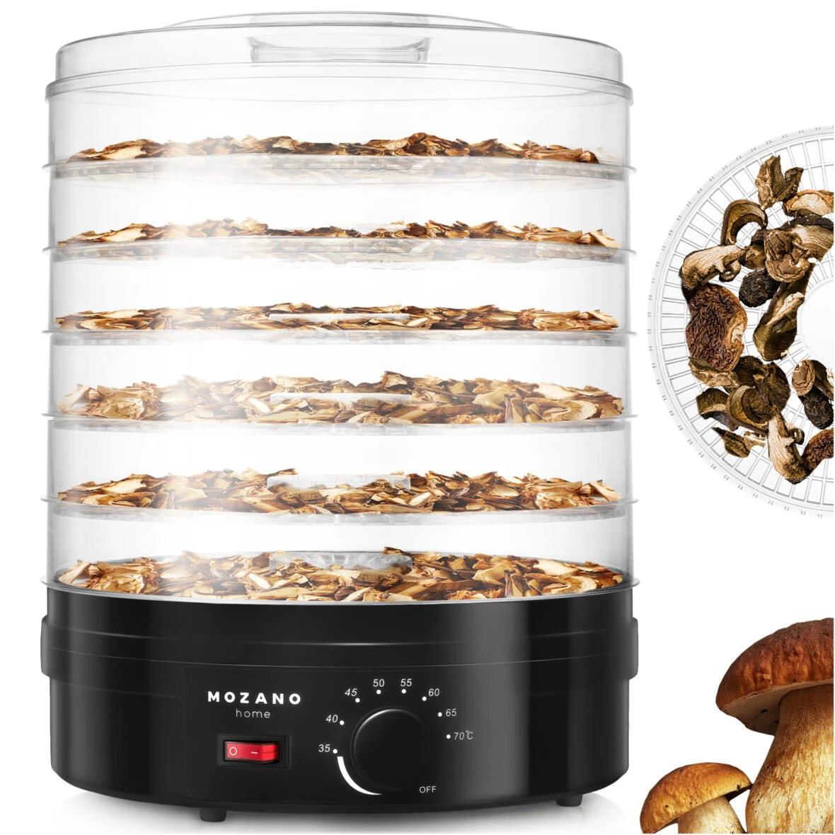 Дегідратор Mozano Food Dehydrator 500W – для овочів, фруктів, грибів, м'яса (чорний, 6 лотків, 40-70°C, таймер)