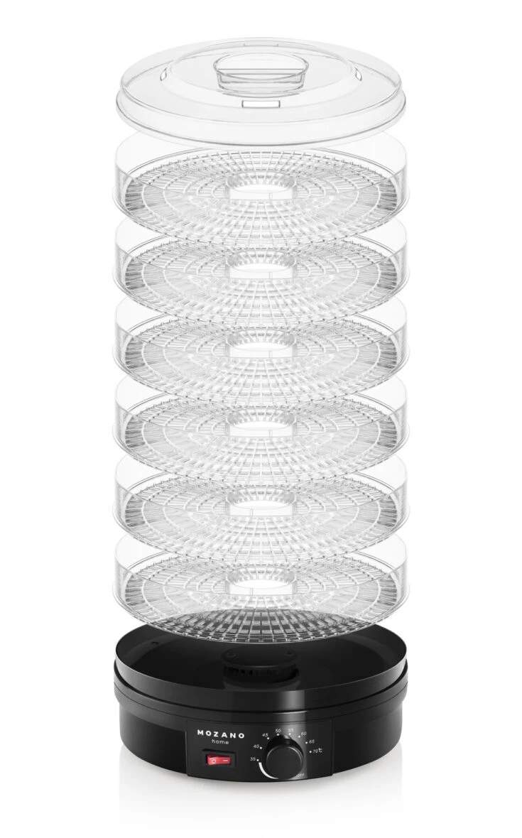 Дегідратор Mozano Food Dehydrator 500W – для овочів, фруктів, грибів, м'яса (чорний, 6 лотків, 40-70°C, таймер)