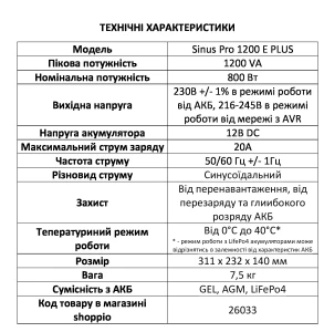 ДБЖ  Volt Polska SINUS PRO 1200E PLUS LiFePo4, AGM, GEL 12/230V 800/1200W